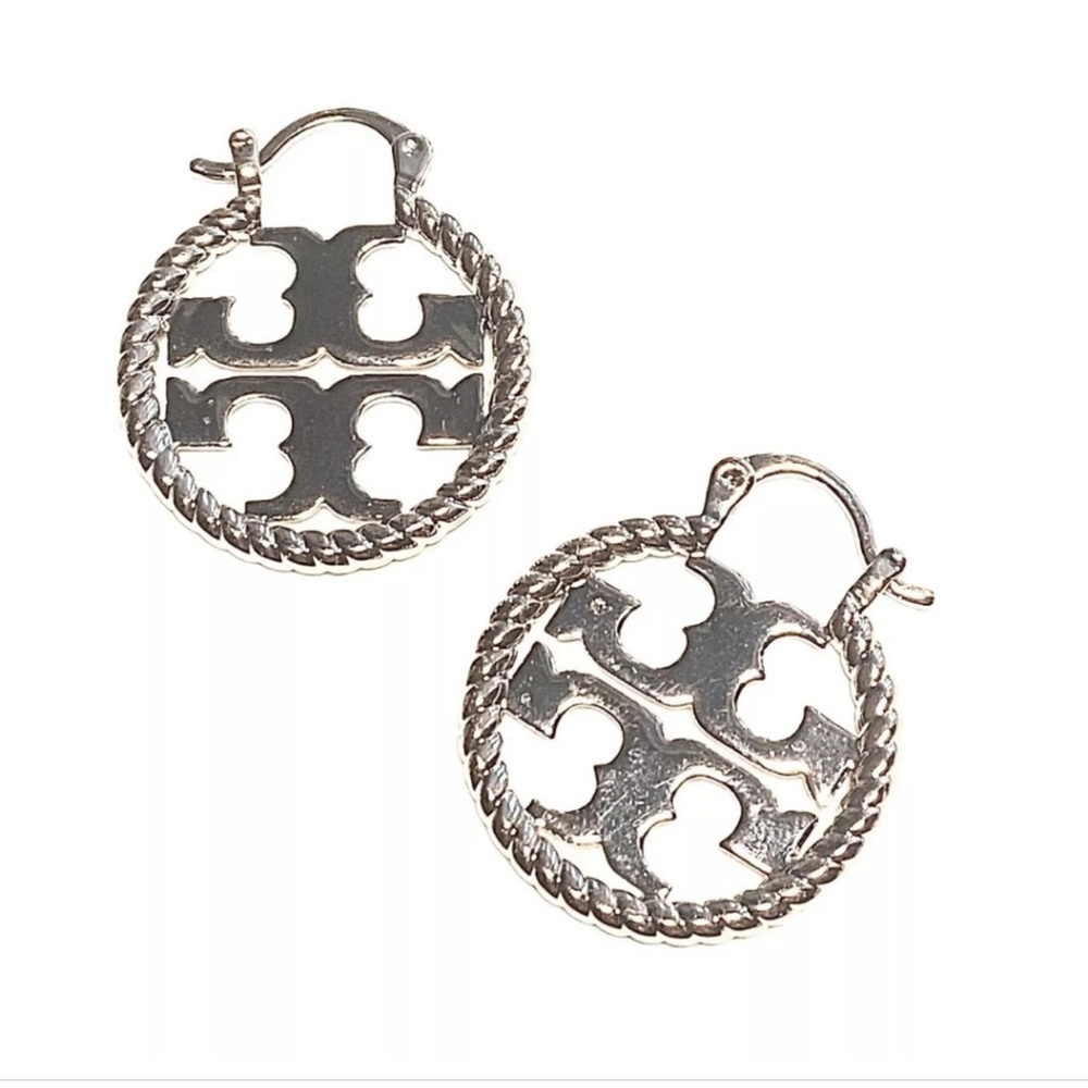 Tory Burch Silver Rope Miller Logo Hoop Earrings